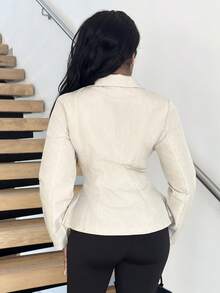 Alexandranx 女士休闲亚麻收腰长袖翻领薄款西装外套，杏色，秋冬 - 杏色 - 查看 3