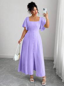 Roveilla Plus Size Solid Color Ruffle Trim Square Neck Cinched Waist Dress - Purple - View 3