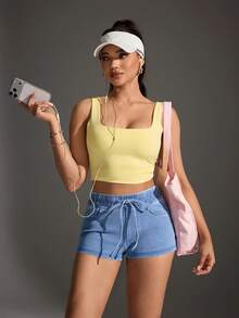 SHEIN FlexDen Quần short denim nữ có dây rút ở eo và túi, kiểu dáng thường ngày, đa năng. - Màu xanh lam - Xem 6