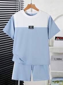 Vacaura Set de 2 camisetas de cuello redondo con bloques de color para niños, cómodas y de moda para uso diario, escuela y deportes - Azul - Ver 3