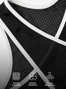 Top deportivo de tirantes con recorte de color contrastante y diseño calado, transpirable - Blanco y Negro - Ver 6