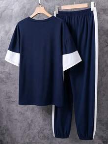 Vacaura 2pcs/Set Teens Boys' Casual Contrast Color Patchwork Letter Print T-Shirt And Sports Pants Set - Navy Blue - View 2