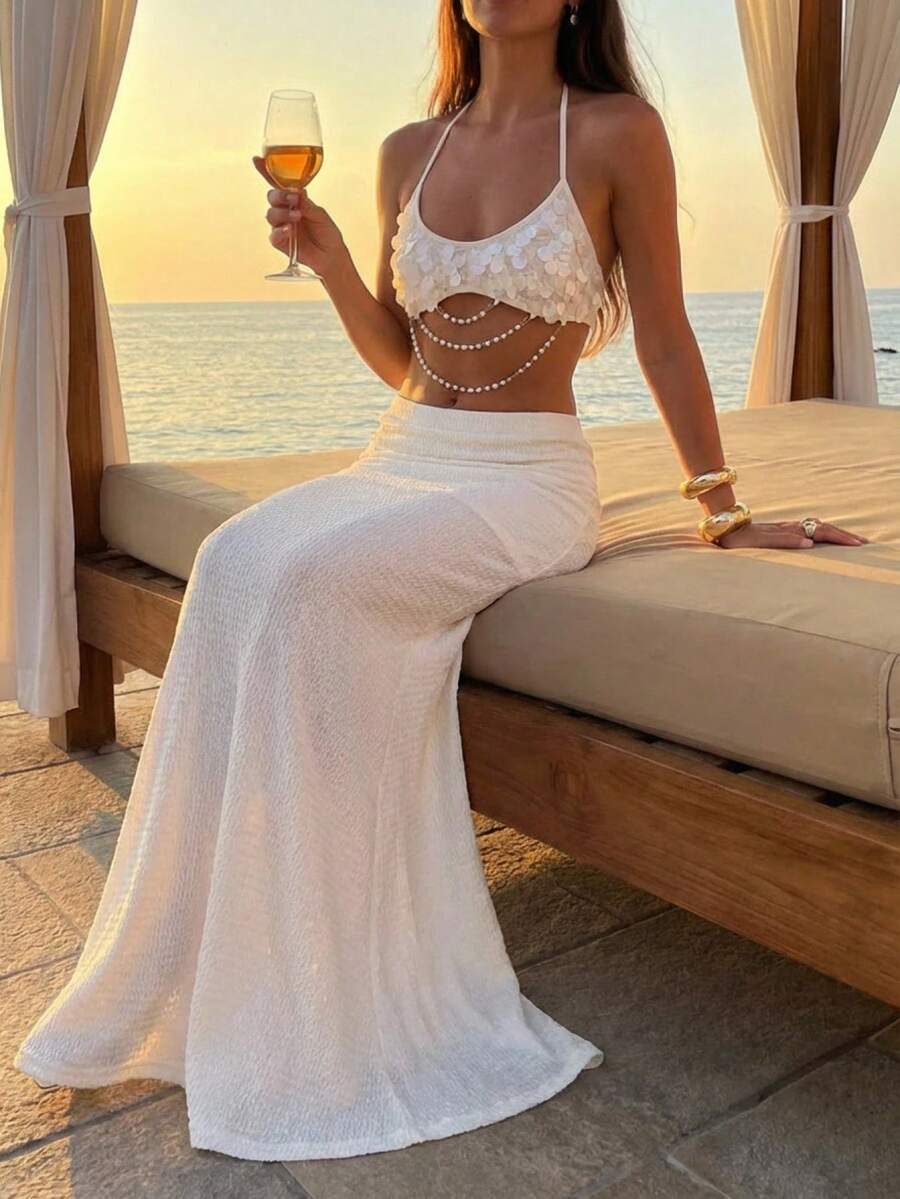 Aloruh Bộ đồ 2 mảnh dành cho nữ đi nghỉ mát biển, gồm áo croptop hở lưng buộc cổ và chân váy đuôi cá, đính sequin và dây xích. - Màu be - Xem 1