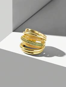 MOTF PREMIUM 18K GOLD GREEN DIAMOND LIGHT LUXURY NICHE PERSONALIZED RING, WOMEN'S FASHION RHINESTONE DECORATIVE MULTI-LAYER RING - Gold - Green Diamond - View 1