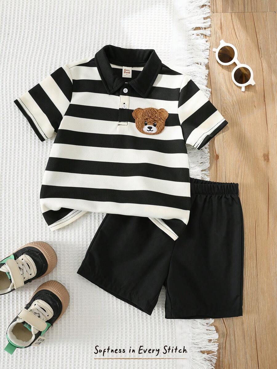 Cozy Pixies Bộ 2 món cho bé trai: Áo polo cổ bẻ tay ngắn và quần short đen kẻ sọc đen trắng, thêu hình gấu, thoải mái, giản dị, thời trang, phù hợp cho mùa xuân, hè, thu, đông, trong nhà, ngoài trời, hàng ngày, thể thao, tiệc tùng, chụp ảnh, lễ hội, thời trang đường phố, Giáng sinh, Năm mới. - Đen và trắng - Xem 1