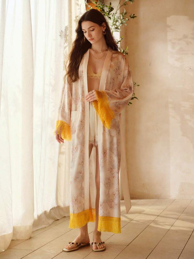 WOMEN'S ELEGANT FLORAL PRINT FRINGE DETAIL ROBE