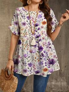 Mellowie Plus Size Women Round Neck Ruffle Trim Short Sleeve Blouse, Summer New Arrival Blouse Spring Outfits For Women Dresses Tunic Tops For Women - White - View 3
