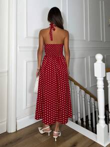 女士夏季休闲假日波尔卡圆点印花露背连衣裙 - 紅白色 - 查看 2