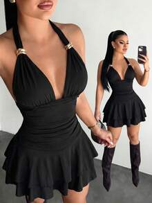 SHEIN PariChic Vestido corto de mujer con tirantes finos, cuello en V, fruncido y doble bajo - Negro - Ver 3