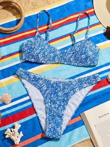 Swim Mod Bộ đồ đi biển 2 món dành cho nữ, thời trang dễ thương, gợi cảm, thích hợp cho kỳ nghỉ bên bờ biển, hồ bơi, tiệc tùng, họa tiết hoa lá ngẫu nhiên, áo croptop hai dây có thể điều chỉnh và quần bikini, thích hợp cho mùa xuân/hè. - Nhiều màu - Xem 3