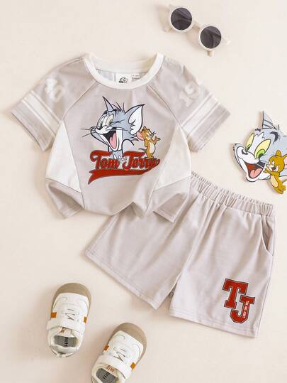 TOM & JERRY X SHEIN 男婴短袖T恤和短裤休闲套装