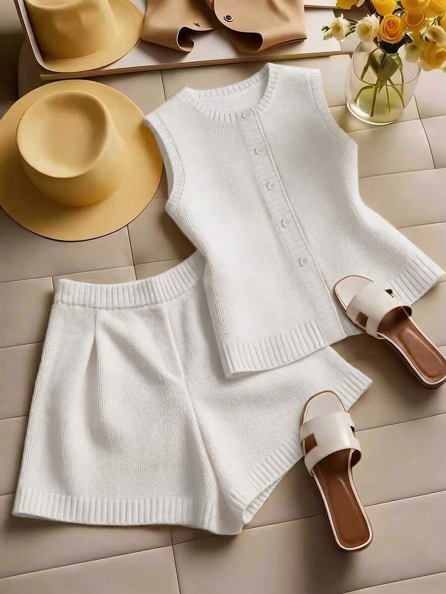 GlowEve Women's New Retro Single-Breasted Round Neck Solid Color Knit Sweater Vest Cardigan, Versatile Shorts Daily Outfit, 2-Piece Sweater Set - White - View 1