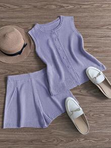 Qadelle Bộ áo len nữ kiểu dáng retro mới, cổ tròn, màu trơn, gồm áo khoác cardigan và quần short, thích hợp mặc hàng ngày, gồm 2 món. - Màu tím - Xem 5