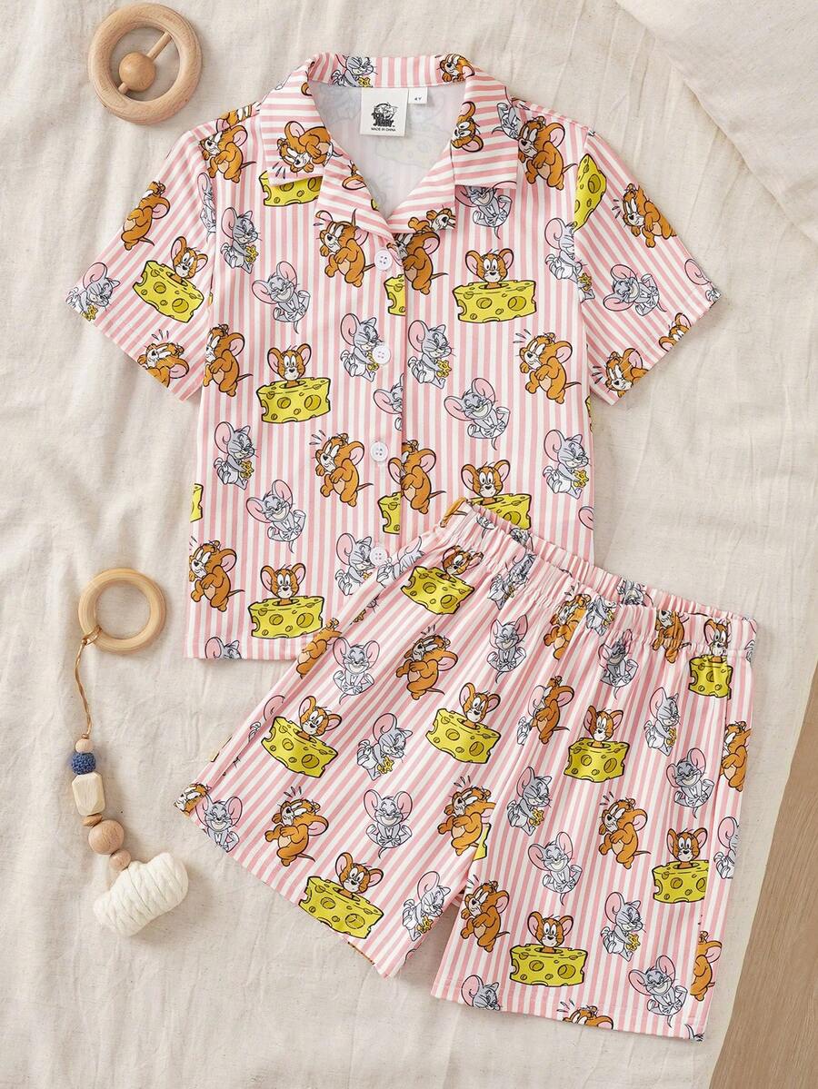 TOM & JERRY X SHEIN Young Girl Cute Cartoon Pattern Striped Print Single-Breasted Short Sleeve Top And Shorts Pajama Set - Dusty Pink - View 1