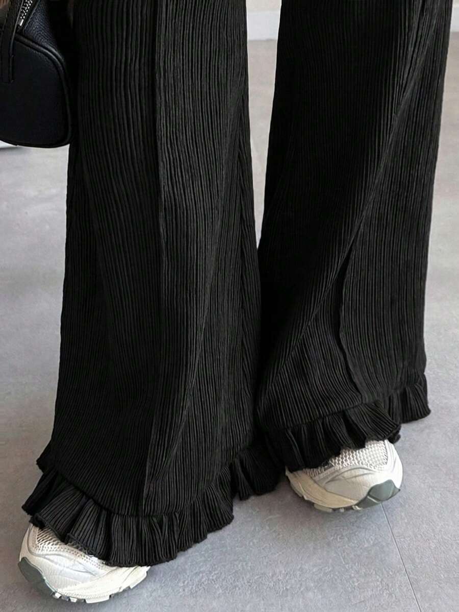 FRIFUL Women's Fashionable Versatile Textured Ruffle Hem Casual Pants - Black - View 1