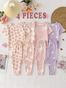 Bộ đồ mặc nhà 4 món cho bé gái, kiểu dáng tối giản, ôm sát, cổ tròn, tay ngắn và quần, thích hợp cho mùa xuân và mùa hè. - Nhiều màu - Xem 1