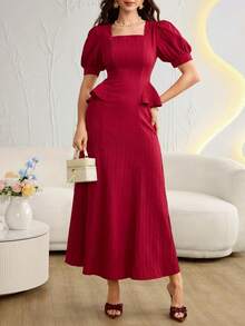 Modelyn Women's Burgundy Retro Square Neck Petal Sleeve Slimming Elegant Long Sleeve Dress Best Selling Dresses Zanea Dress For Woman Occasion Dresses For Women Buy Wedding Guest Dress Elegant Dress Women Dress - Burgundy - View 6