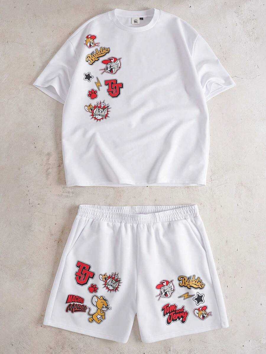 TOM & JERRY X SHEIN Men's Versatile Cartoon Print Round Neck Short Sleeve T-Shirt And Casual Pocket Shorts Set - White - View 1