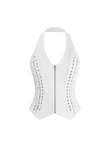 ROMWE Grunge Punk Women's Denim Crop Top, Vintage Sexy Rock Style Halter Neck Zipper Strap, Suitable For Music Festivals And Street Wear, Spring/Summer Night White - White - View 1