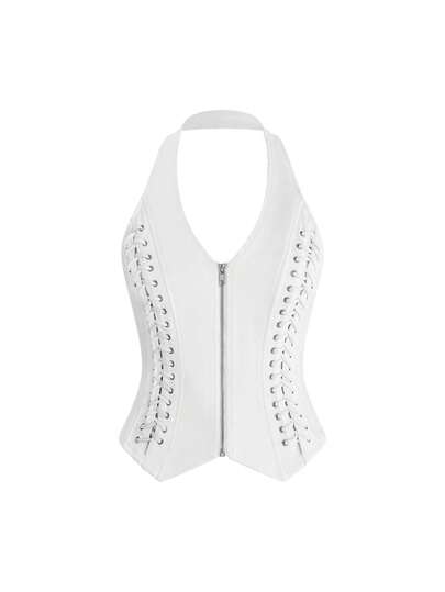 ROMWE Grunge Punk Women's Denim Crop Top, Vintage Rock Style Halter Neck Zipper Strap, Suitable For Music Festivals And Street Wear, Spring/Summer