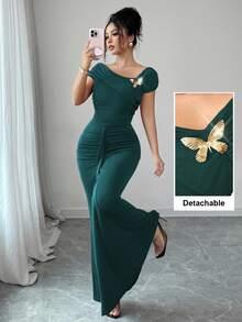 Modelyn 不对称金属扣装饰褶皱修身优雅女式连衣裙 - 墨綠色 - 查看 2