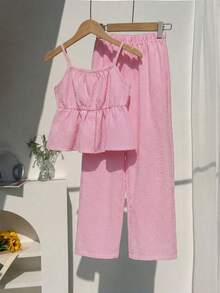 SHEIN Tween Girl Casual Sweet Vacation Ruffle Elastic Camisole Top Paired With Loose Wide Leg Pants 2 Pieces Set, Suitable For Spring/Summer, Daily, Holiday, Travel, Beach And Other Occasions - Pink - View 2