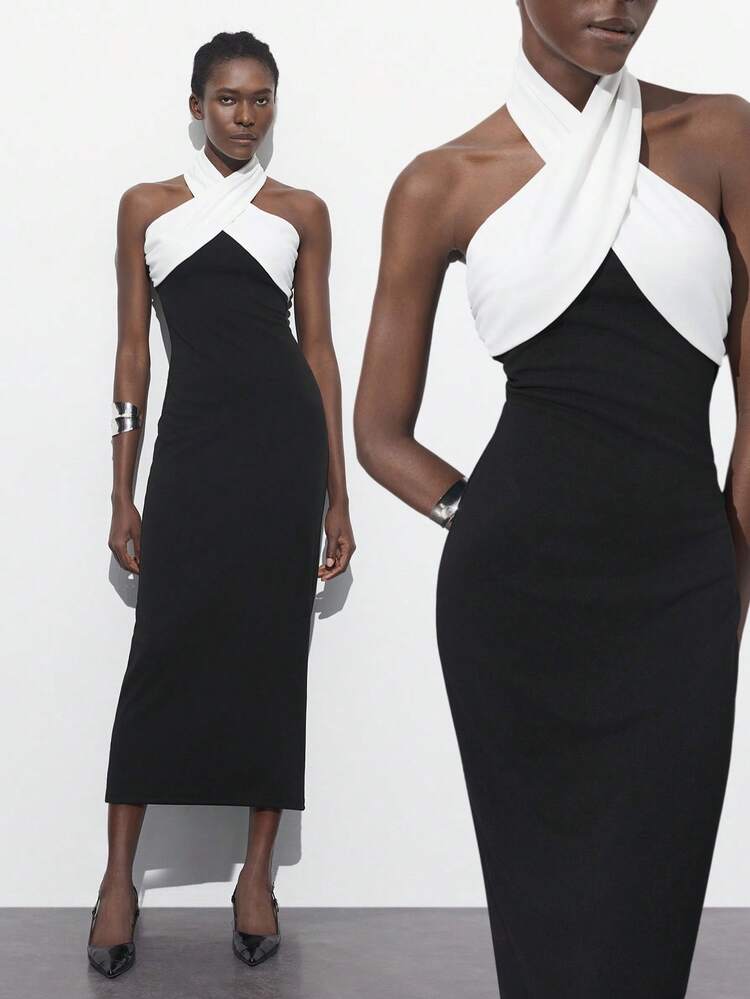 SHEIN Maija 2026 Spring & Summer Black & White Patchwork Twist Detail Slim Fit Elegant Long Dress For Women, Suitable Party Outfit Outfits