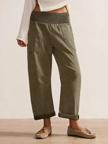 Bohemela Women's Casual Solid Color Woven Loose Low Waist Pants, Autumn/Winter Boho Style - Army Green - View 3