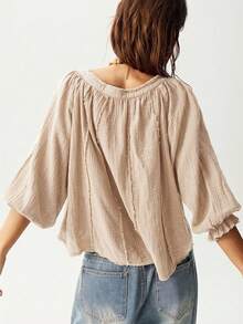 SHEIN BohoFeels Casual Solid Color V-Neck Mid-Sleeve Loose Washed Ladies Blouse Boho Blouses Peasant Blouse Bohemian Tops Peasant Top Linen Blouses For Women - Apricot - View 6