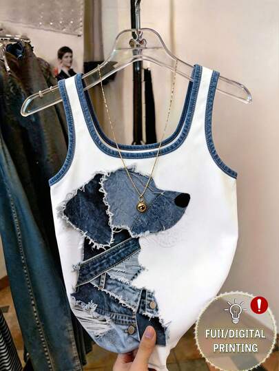 Resyla Áo hai dây cổ chữ U kiểu Mỹ cổ điển dành cho nữ, chất liệu denim chắp vá, in hình cún con, kiểu dáng gợi cảm, ôm sát, không tay, thích hợp cho mùa hè.