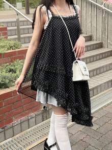 FRIFUL Women's Summer Casual Polka Dot Print Mesh Patchwork Asymmetric Hem Camisole - Black - View 8