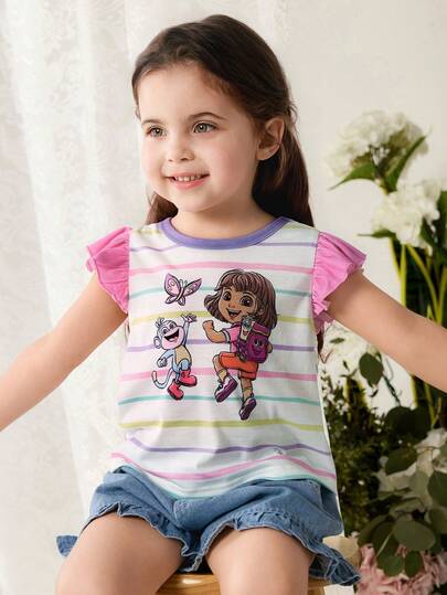 DORA | SHEIN Young Girls Round Neck Cap Sleeve Ruffle Trim Striped Cute Print T-Shirt, DORA