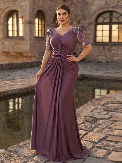 Serin Traje de baño de talla grande elegante y lujoso con bordados, lentejuelas y flores, de punto elástico con mangas transparentes y falda de sirena fruncida, adecuado para bodas, fiestas, vacaciones, novias, madres de la novia y vestidos de gala