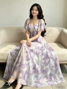 Vestido cuadrado con cuello fruncido, mangas abullonadas y estampado floral de flores pequeñas en azul cobalto. Vestido floral elegante y ceñido a la cintura para el verano y uso diario. - Multicolor 13 - Ver 3