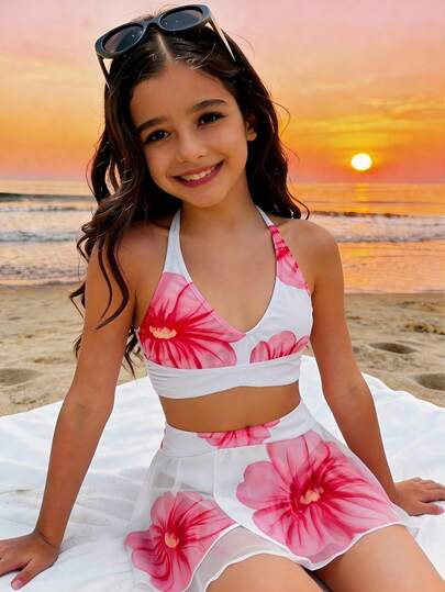 SHEIN Conjunto de traje de baño con estampado floral y cuello de halter para niña preadolescente, ideal para vacaciones en la playa