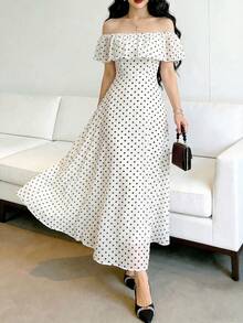 Modelyn Đầm trễ vai chấm bi thắt eo thanh lịch, thích hợp cho mùa xuân/hè. - Nhiều màu - Xem 4