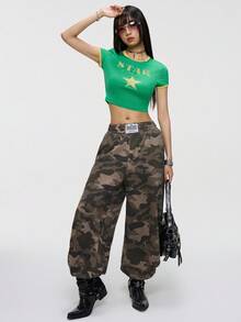 Rina Fox Women's Letter & Pentagram Print Round Neck Short Sleeve Casual T-Shirt - Green - View 2
