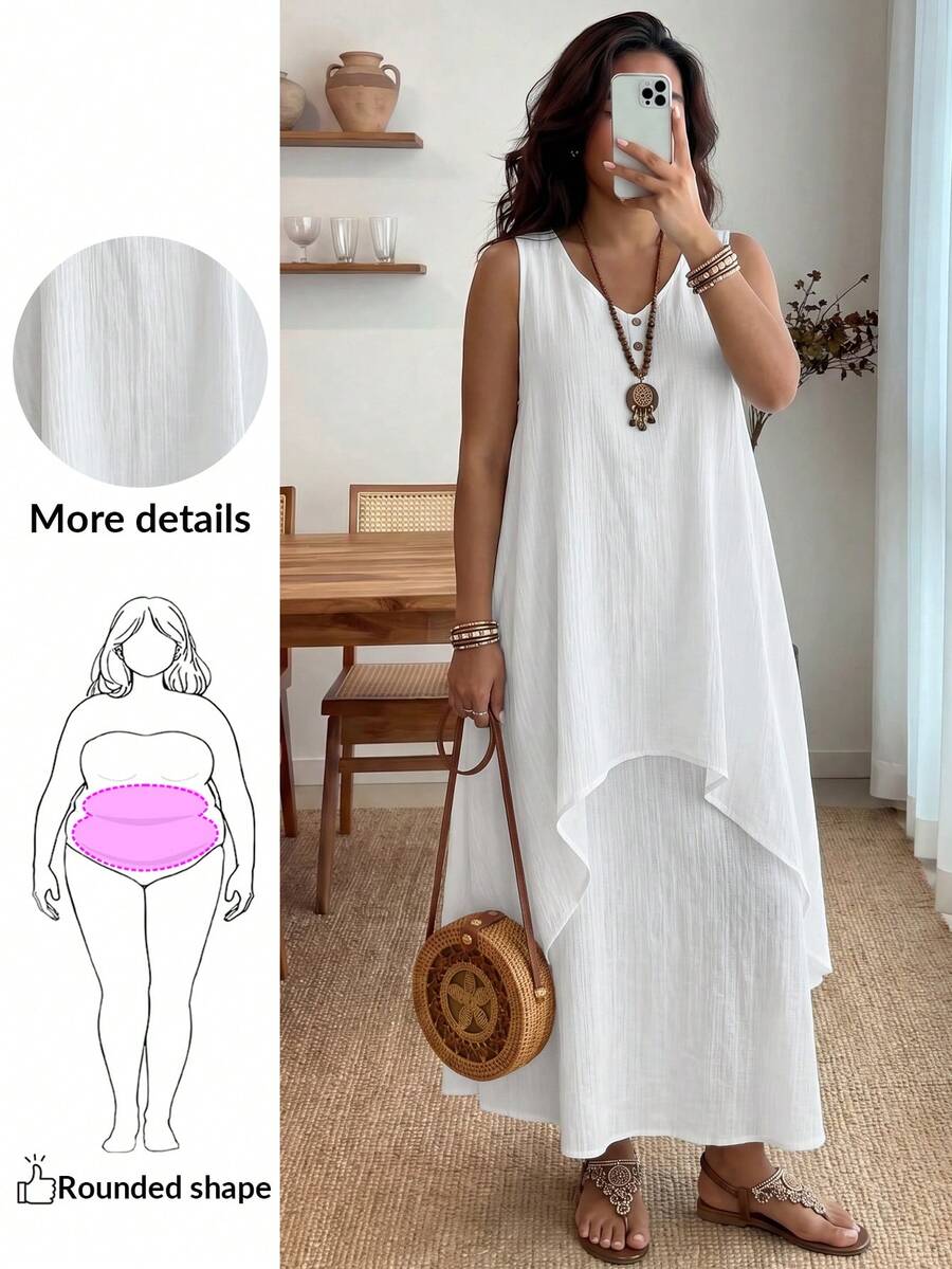 Enliva Váy dài màu trắng cổ chữ V không tay 2 trong 1 cỡ lớn cho kỳ nghỉ hè dành cho nữ, Kỳ nghỉ hè, Trang phục nghỉ mát cho nữ, Đơn giản và thời trang để mặc hàng ngày, Phong cách kỳ nghỉ, Kỳ nghỉ xuân, Trang phục thường ngày SS, Bohemia, Váy bồng bềnh