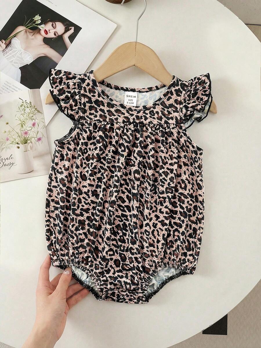 Baby Girl Cute Summer Casual Leopard Print Romper With Flutter Sleeves - White - View 1