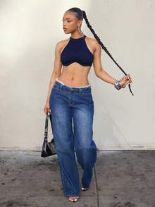 Denimoi Denim Cropped Tank Top Fashionable Tops Sexy Tops Denim On Denim Concert Outfits Streetwear - Dark Wash - View 3