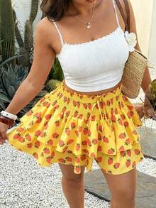 Sunnyshic Shorts con falda de cintura elástica, estampado de fresa y doble volante en el bajo, talla grande - Multicolor - Ver 3