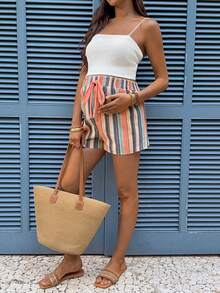 SHEIN Umstandsshorts mit bunten Streifen und Kordelzug, Sommer - Orange - Übersicht 6