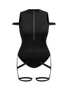 SHEIN Plus Size Fashionable Pioneer Zipper Knit Jumpsuit - Black - View 6