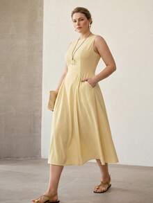MOTF PREMIUM PLUS SIZE ELEGANT SOLID COLOR ROUND NECK SLEEVELESS DRESS, SUMMER - Yellow - View 6