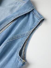 GlowEve Bộ jumpsuit denim nữ mùa hè dáng rộng, không tay, cổ ve lật, viền bèo nhún. - Màu xanh lam - Xem 4