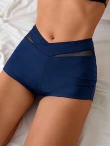 SHEIN Swim Celana Pendek Bikini Patchwork Jala Olahraga Musim Panas Wanita - Navy Blue - View 4