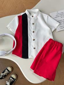 2pcs/Set Kids Boys Casual Patchwork Contrast Color White Mandarin Collar Short Sleeve Shirt And Elastic Waist Shorts,Summer Matching Family Vacation - Red - View 4