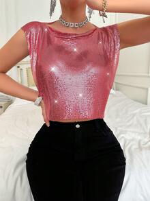 VaVaBold Áo croptop thời trang nữ (có đính sequin) - Màu hồng gỉ - Xem 4