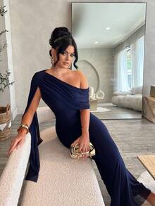 Dayanna Comas Váy lệch vai màu trơn dành cho nữ - Màu xanh hải quân - Xem 5