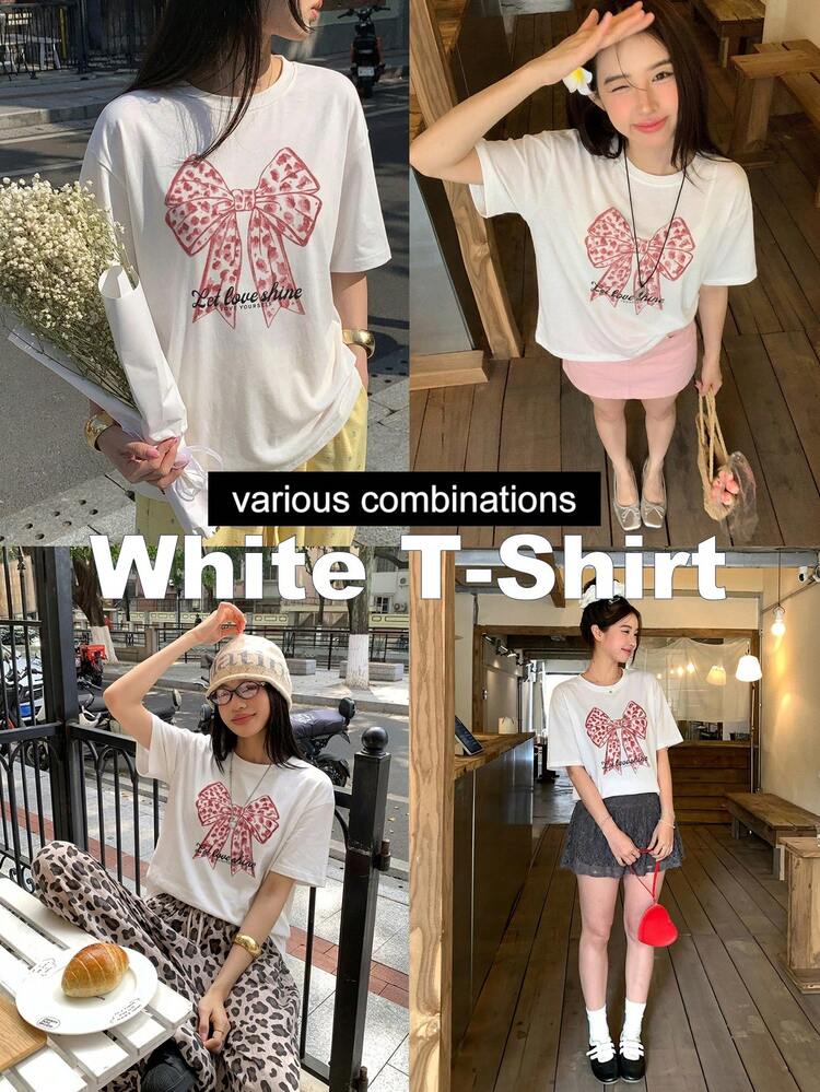 Women's Summer Round Neck Short Sleeve Bow Print Casual Loose T-Shirt Graphic Tees Women